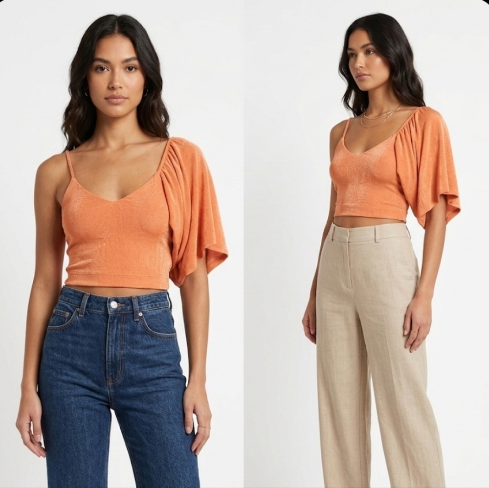 Lena On The Prowl Orange One Shoulder Drape Crop Top S NWT Festival Y2k Fairy